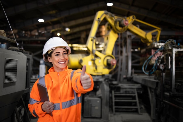 Porträt des Fabrikingenieurs, der Daumen nach oben vor der industriellen Roboterarmmaschine zeigt