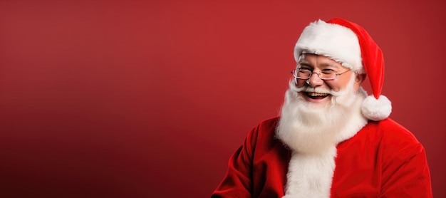 Porträt des glücklichen und fröhlichen Weihnachtsmanns auf rotem Studio-Hintergrund.