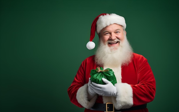 Porträt des glücklichen Weihnachtsmanns, der Weihnachtsgeschenke hält Geschenkkiste mit Überraschung Grüne Tasche oder Tasche in den Händen mit süßen Süßigkeiten Grüner Hintergrund Kopieren Sie Platz für TextHochwertiges Foto