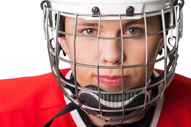 Porträt des Hockey-Tormanns lokalisiert auf transparentem Hintergrund
