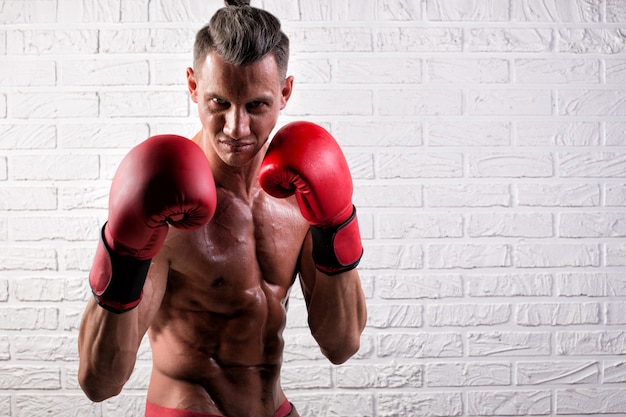 Porträt des hübschen Boxermanns, der auf der Wand des Trödels steht und Kamera mit intensivem Blick betrachtet