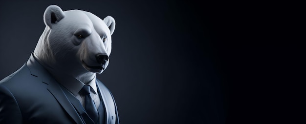Porträt des humanoiden anthropomorphen weißen Eisbären im Geschäftsmannanzug auf schwarzem Hintergrund
