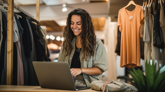 Porträt des Inhabers eines Bekleidungsgeschäfts mit Laptop für den Online-Markt