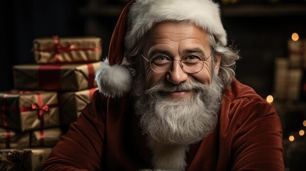 Porträt des lächelnden Weihnachtsmanns inmitten eines Stapels Geschenke für Weihnachten