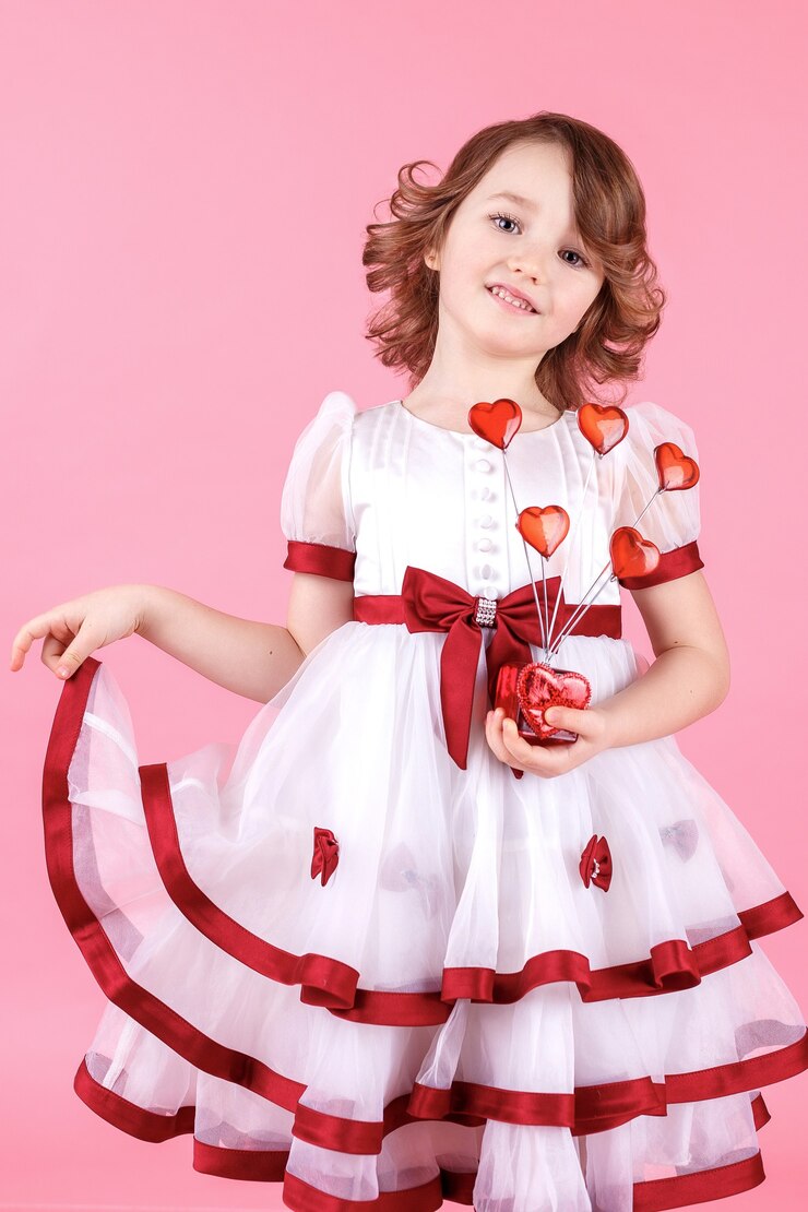 Porträt des niedlichen kleinen Mädchens, das im weißen Kleid mit Donuts oder Glasherz auf dem Rosa im Studio steht
