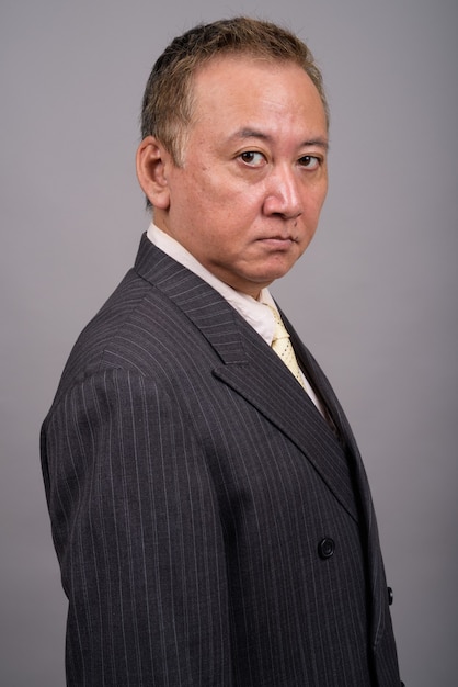 Porträt des reifen asiatischen Geschäftsmannes gegen graue Wand