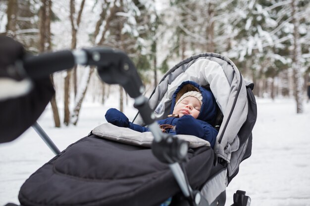 Porträt des schlafenden Babys im Winterpark