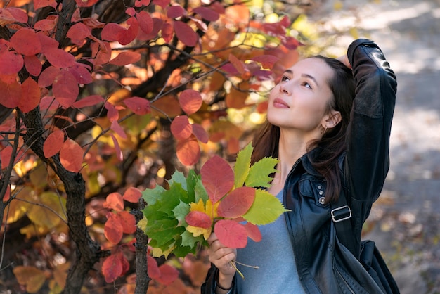 Porträt des schönen Brunettemädchens nahe einem Herbstbaum mit gefallenen Blättern in ihren Händen. Schöne junge Frau im Wald. Herbstpark.