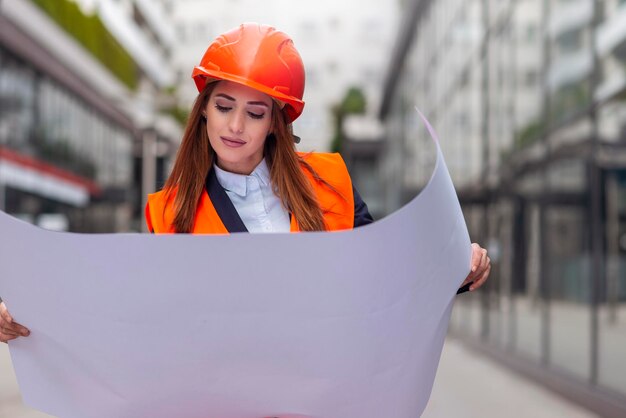 Porträt des schönen Fraueningenieurs, der Plan des Gebäudes schaut