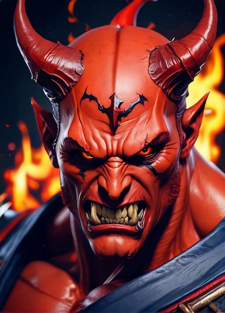 Porträt des Teufels Teufel steht vor einem furchteinflößenden Dämon mit Hörnern