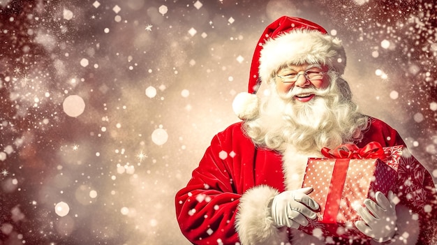Porträt des Weihnachtsmanns mit einem Geschenk in der Hand. Weihnachts- und Neujahrskopierraum mit generativer KI