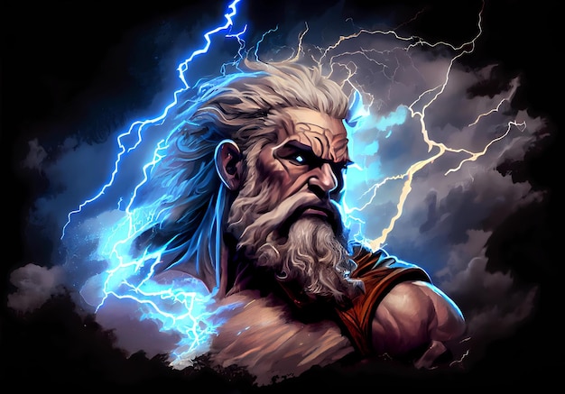 Porträt des Zeus vor dem Hintergrund von Wolken und Blitzen