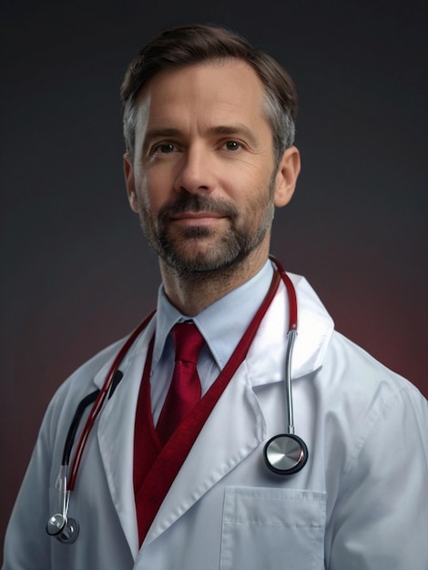 Porträt Eine Person in einem weißen Mantel, vermutlich ein Arzt, der ein Stethoskop mit einer roten Krawatte hält
