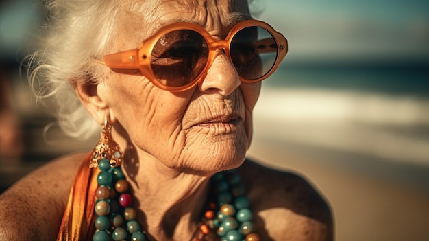 Porträt einer älteren, ernsten Frau mit Sonnenbrille vor dem Hintergrund des Strandes