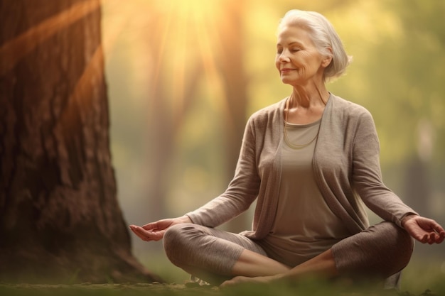 Porträt einer älteren Frau, die bei Sonnenuntergang im Park Yoga macht