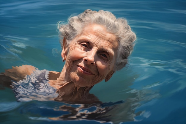 Porträt einer älteren Frau, die ein Bad im See Generative Ai genießt