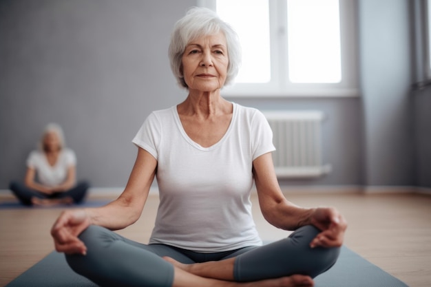 Porträt einer älteren Frau, die während eines Yoga-Kurses auf dem Boden sitzt und mit generativer KI erstellt wurde