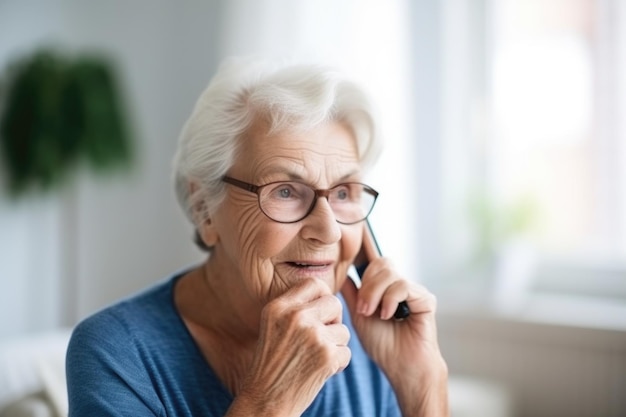 Porträt einer älteren Frau, die zu Hause ihr Mobiltelefon nutzt, erstellt mit generativer KI