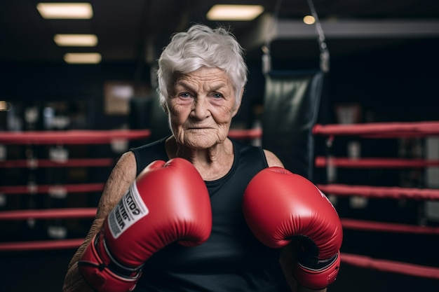 Porträt einer älteren Frau mit Boxhandschuhen im Boxring im Fitnessstudio