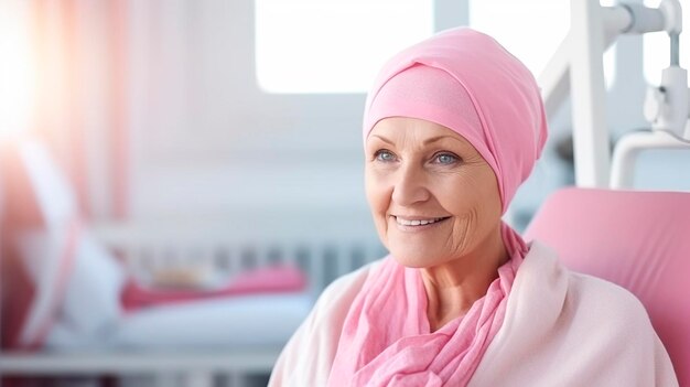 Foto porträt einer älteren frau mit einem rosa schal auf dem kopf in einem krankenhaus krebskonzept
