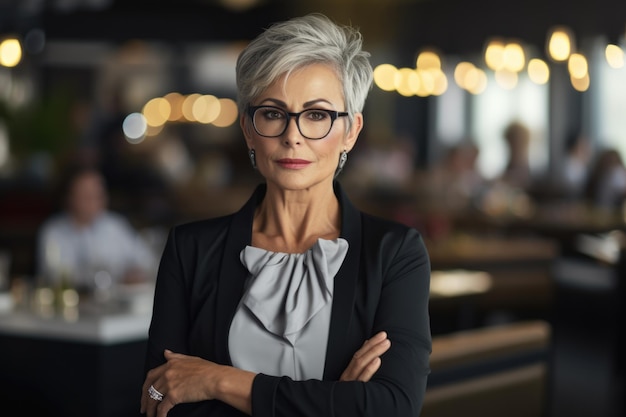 Porträt einer älteren Frau mit grauen Haaren und Brille