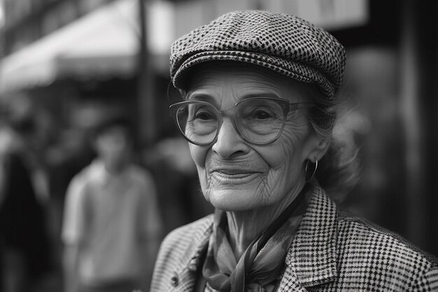 Foto porträt einer älteren frau mit hut und brille auf der straße