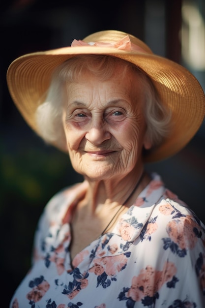 Porträt einer älteren Frau und ihr Lächeln mit Glück im Sonnenlicht im Freien an einem schönen Sommertag