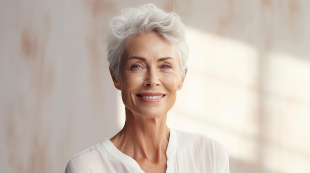 Porträt einer älteren Frau, weiße graue Haare, schöne Hautpflege mit Copy-Space-Hintergrund