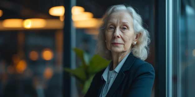 Porträt einer älteren Geschäftsfrau in einem Büro mit atmosphärischer