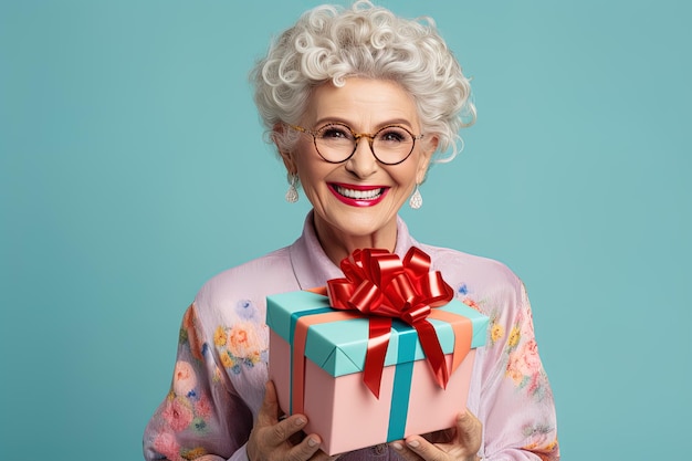 Porträt einer älteren, glücklich lächelnden Frau in einer Brille, die eine rosa Geschenkkiste auf einem blauen Hintergrund hält