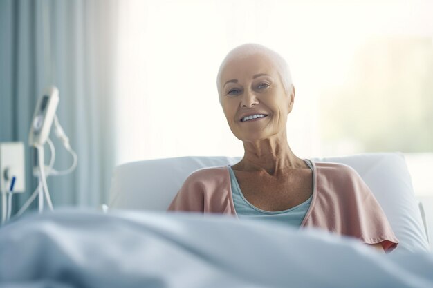 Porträt einer älteren kahlen kranken Frau im Krankenhaus Krebs helle weiße Wände hell und luftig super.