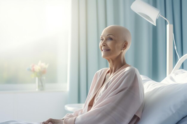 Foto porträt einer älteren kahlen kranken frau im krankenhaus krebs helle weiße wände licht und luftig super r.