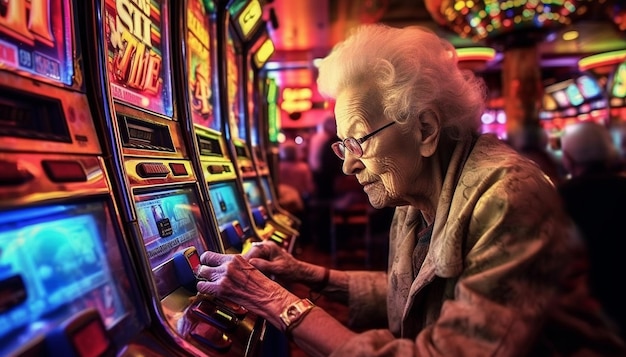 Porträt einer älteren Spielerin, die Spielautomaten in Casino-Spielautomaten in Las Vegas spielt, Oma