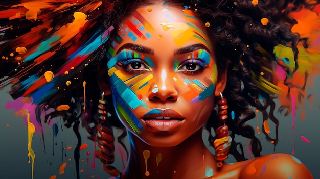 Porträt einer afrikanischen Frau mit kreativem Make-up und farbenfroher Farbe