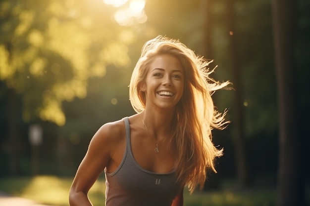 Foto porträt einer aktiven, freudigen sportfrau, die im park rennt