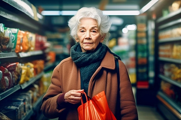 Foto porträt einer alten grauhaarigen frau mit tasche im supermarkt