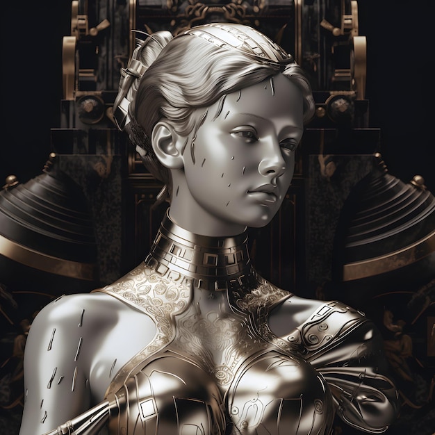 Porträt einer antiken Statue eines Mädchens in schwarz-weißen, schönen Cyborg-Körpern mit goldenen Elementen