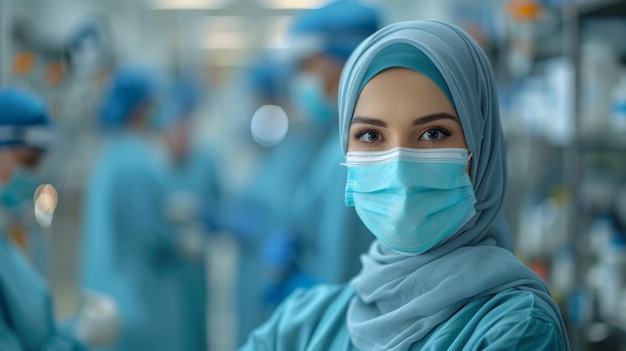 Foto porträt einer arabischen ärztin mit hijab, medizinischer maske und handschuhen, die im krankenhaus steht