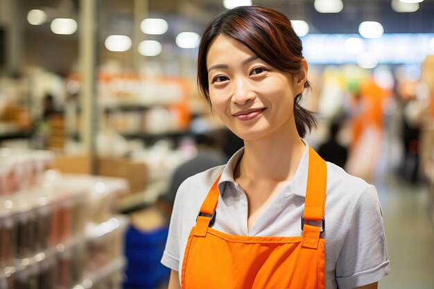 Foto porträt einer arbeitenden japanischen frau in einem lager eines vertriebszentrums generative ki