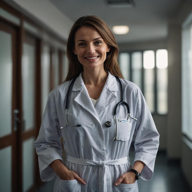 Foto porträt einer arztin in einem krankenhauskorridor, generiert von künstlicher intelligenz