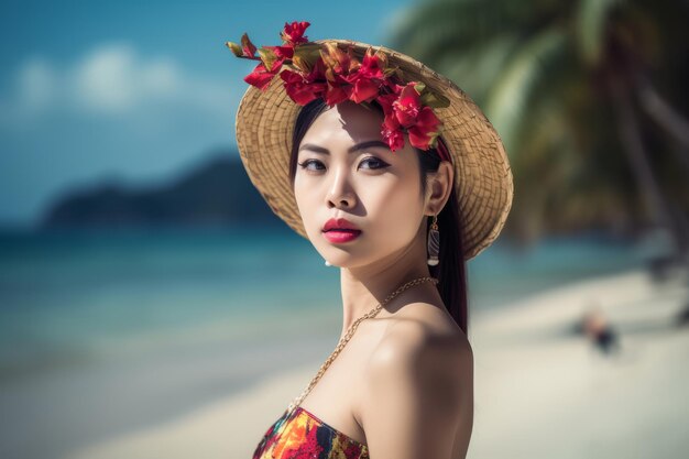 Porträt einer asiatischen Frau am tropischen Strand