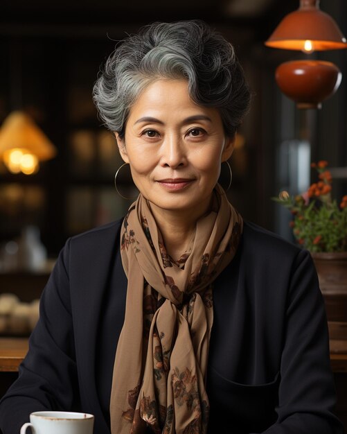 Porträt einer asiatischen Frau mit grauen Haaren