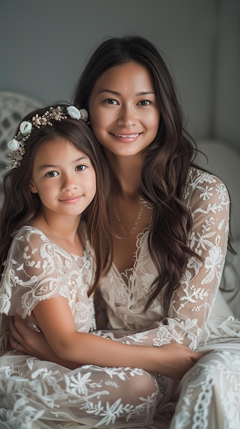 Porträt einer asiatischen Mutter und Tochter in Innenräumen Generative KI