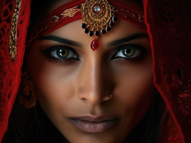 Porträt einer atemberaubenden indischen Braut, geschmückt mit traditioneller Brautmode und aufwendigem Goldschmuck