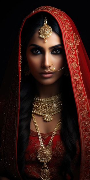Porträt einer atemberaubenden indischen Braut, geschmückt mit traditioneller Brautmode und aufwendigem Goldschmuck