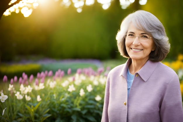 Porträt einer attraktiven, eleganten Seniorin, die sich in einem blühenden Garten entspannt