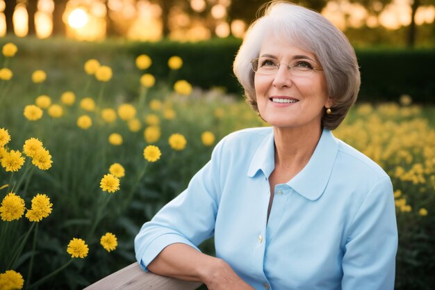 Porträt einer attraktiven, eleganten Seniorin, die sich in einem blühenden Garten entspannt