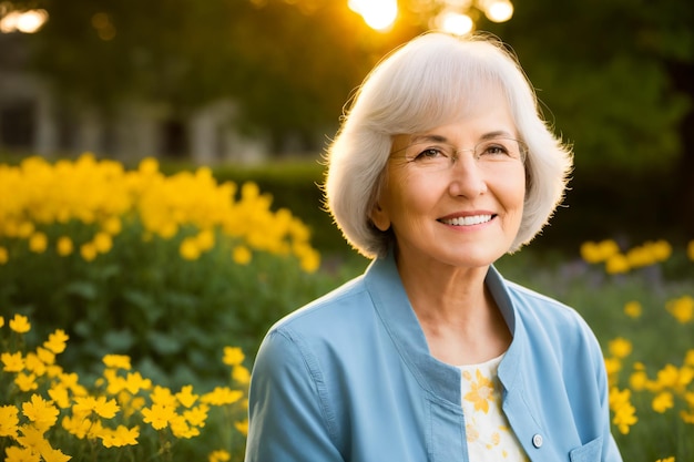 Porträt einer attraktiven, eleganten Seniorin, die sich in einem blühenden Garten entspannt