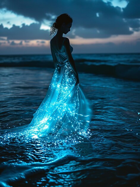 Foto porträt einer attraktiven frau in einem biolumineszierenden schimmernden kleid im meer generative ki