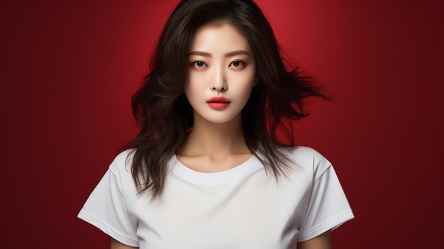 Porträt einer attraktiven koreanischen Frau mit weißem leeren T-Shirt auf rotem Hintergrund für den Valentinstag Generative KI